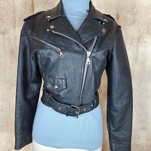 Vintage 80s Cropped Black Leather Motorcycle Jacket Size Small Biker Rock